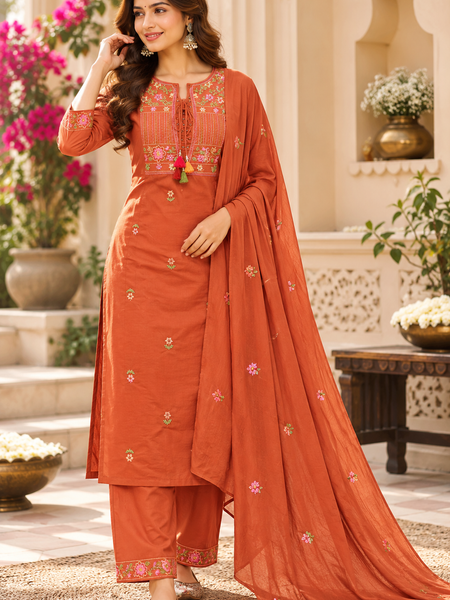 Women’s  Orange   Embroidered Kurta Set with  Pants & Matching Dupatta – Traditional Festive Ethnic Wear