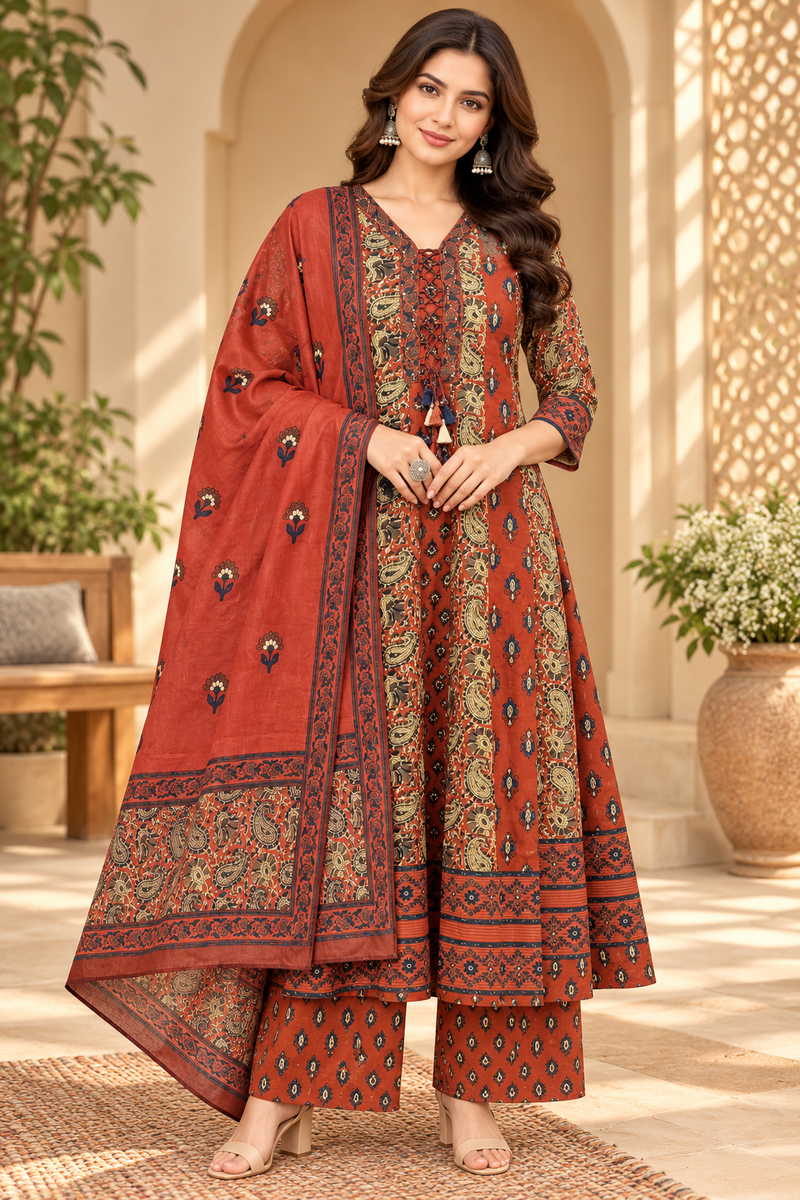 Women’s  Maroon   Embroidered Kurta Set with Palazzo Pants & Matching Dupatta – Traditional Festive Ethnic Wear