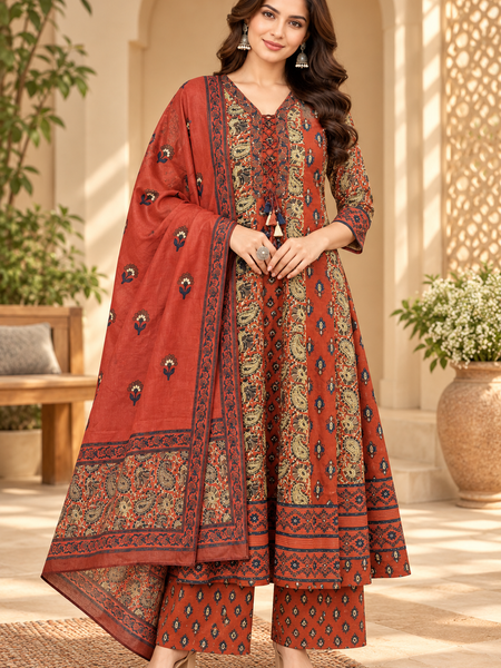 Women’s  Maroon   Embroidered Kurta Set with Palazzo Pants & Matching Dupatta – Traditional Festive Ethnic Wear