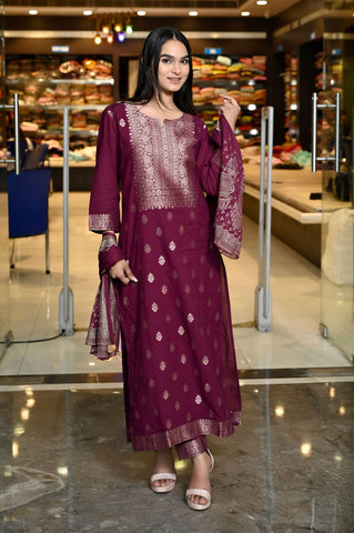 RAMA'S MAROON Weaved Staright With Gold Print Cotton Suit With Dupatta