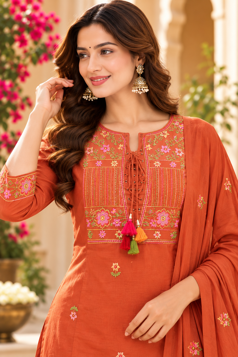 Women’s  Orange   Embroidered Kurta Set with  Pants & Matching Dupatta – Traditional Festive Ethnic Wear