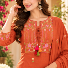 Women’s  Orange   Embroidered Kurta Set with  Pants & Matching Dupatta – Traditional Festive Ethnic Wear