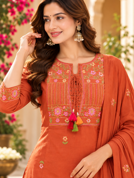 Women’s  Orange   Embroidered Kurta Set with  Pants & Matching Dupatta – Traditional Festive Ethnic Wear