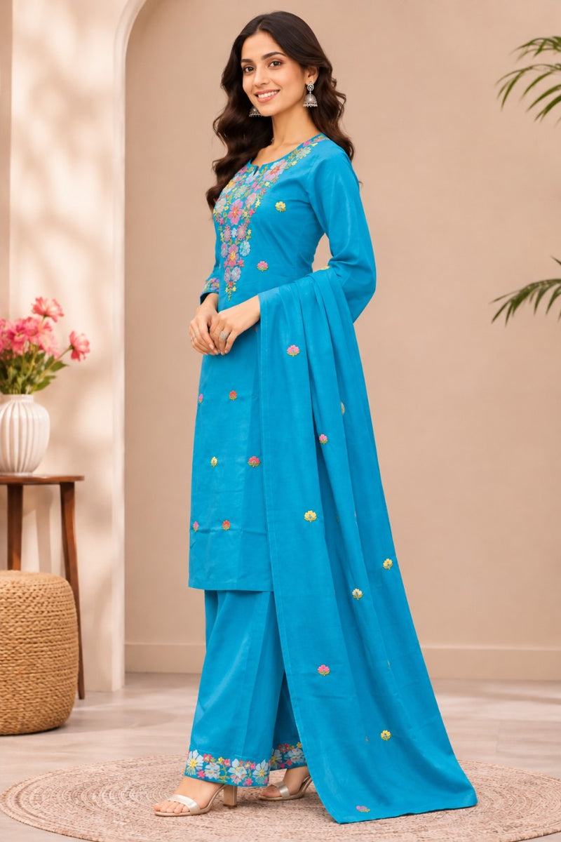 Women  turqouise blue  Embroidered Kurta Set with Palazzo  & Matching Dupatta – Traditional Festive Ethnic Wear