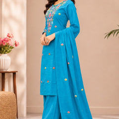 Women  turqouise blue  Embroidered Kurta Set with Palazzo  & Matching Dupatta – Traditional Festive Ethnic Wear