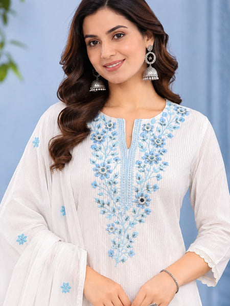 Women White   Embroidered Kurta Set with Palazzo  & Matching Dupatta – Traditional Festive Ethnic Wear