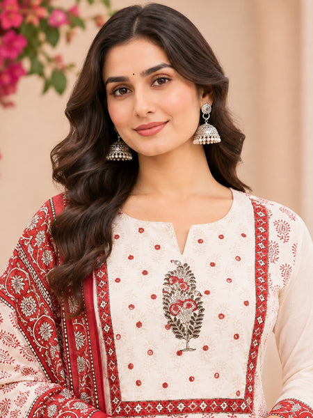 Women Red   Embroidered Kurta Set with Palazzo  & Matching Dupatta – Traditional Festive Ethnic Wear