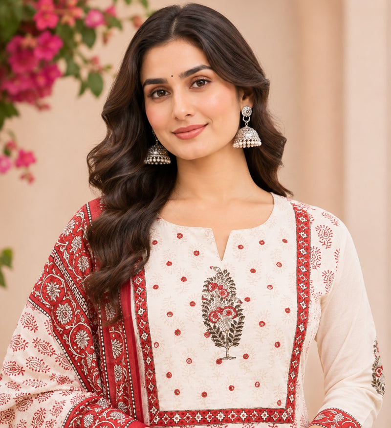 Women Red   Embroidered Kurta Set with Palazzo  & Matching Dupatta – Traditional Festive Ethnic Wear