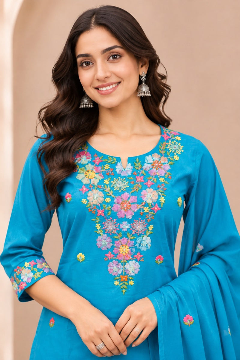 Women  turqouise blue  Embroidered Kurta Set with Palazzo  & Matching Dupatta – Traditional Festive Ethnic Wear
