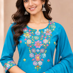 Women  turqouise blue  Embroidered Kurta Set with Palazzo  & Matching Dupatta – Traditional Festive Ethnic Wear
