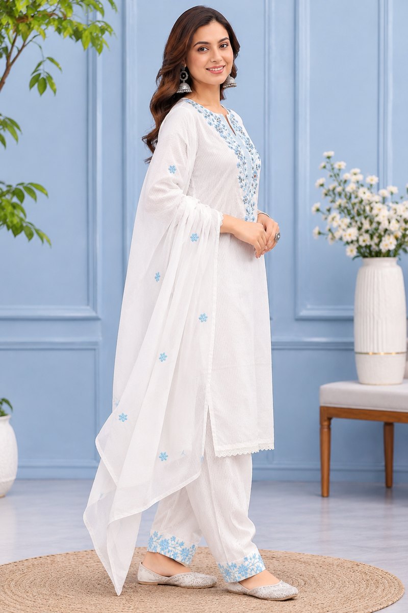 Women White   Embroidered Kurta Set with Palazzo  & Matching Dupatta – Traditional Festive Ethnic Wear