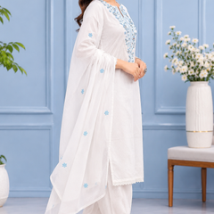 Women White   Embroidered Kurta Set with Palazzo  & Matching Dupatta – Traditional Festive Ethnic Wear