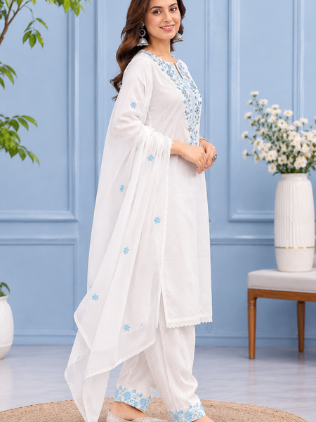 Women White   Embroidered Kurta Set with Palazzo  & Matching Dupatta – Traditional Festive Ethnic Wear
