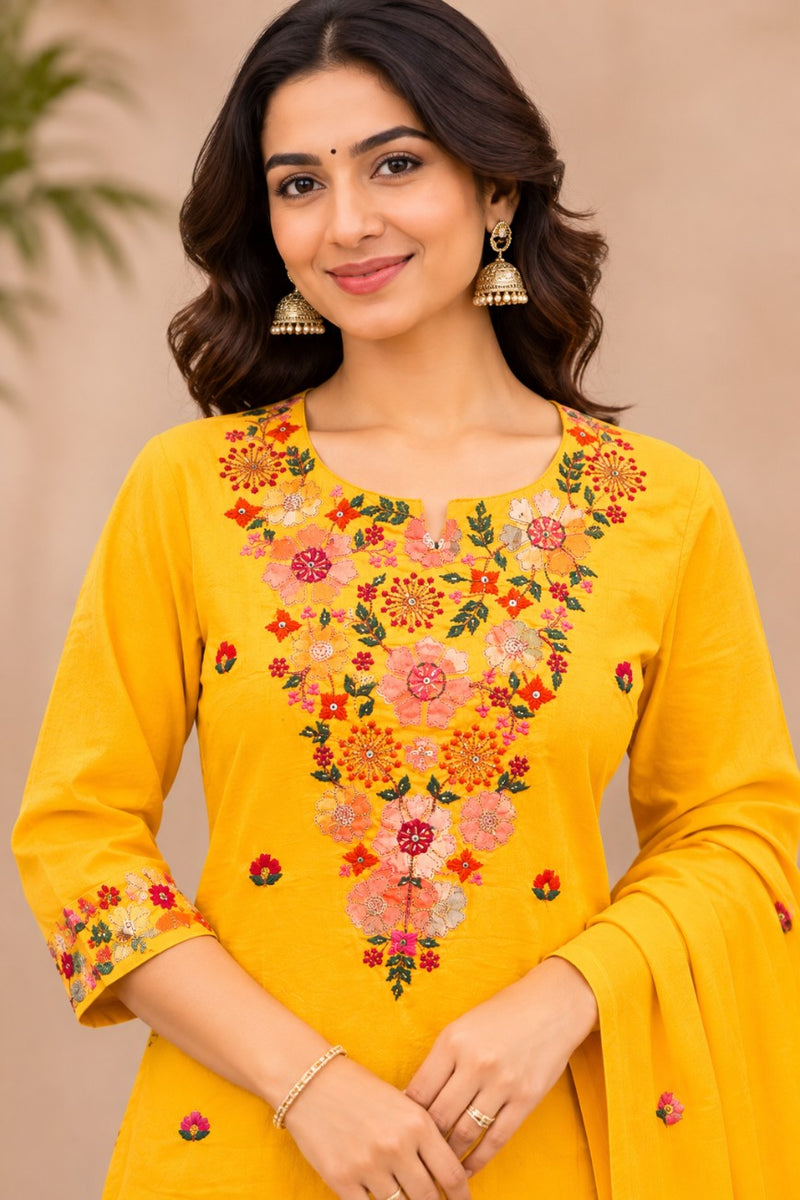 Women  yellow  Embroidered Kurta Set with Palazzo& Matching Dupatta – Traditional Festive Ethnic Wear