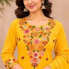 Women  yellow  Embroidered Kurta Set with Palazzo& Matching Dupatta – Traditional Festive Ethnic Wear