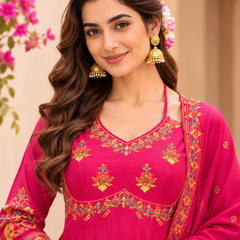 Women pink    Embroidered Kurta Set with Palazzo Pants & Matching Dupatta – Traditional Festive Ethnic Wear
