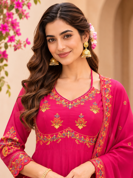 Women pink    Embroidered Kurta Set with Palazzo Pants & Matching Dupatta – Traditional Festive Ethnic Wear