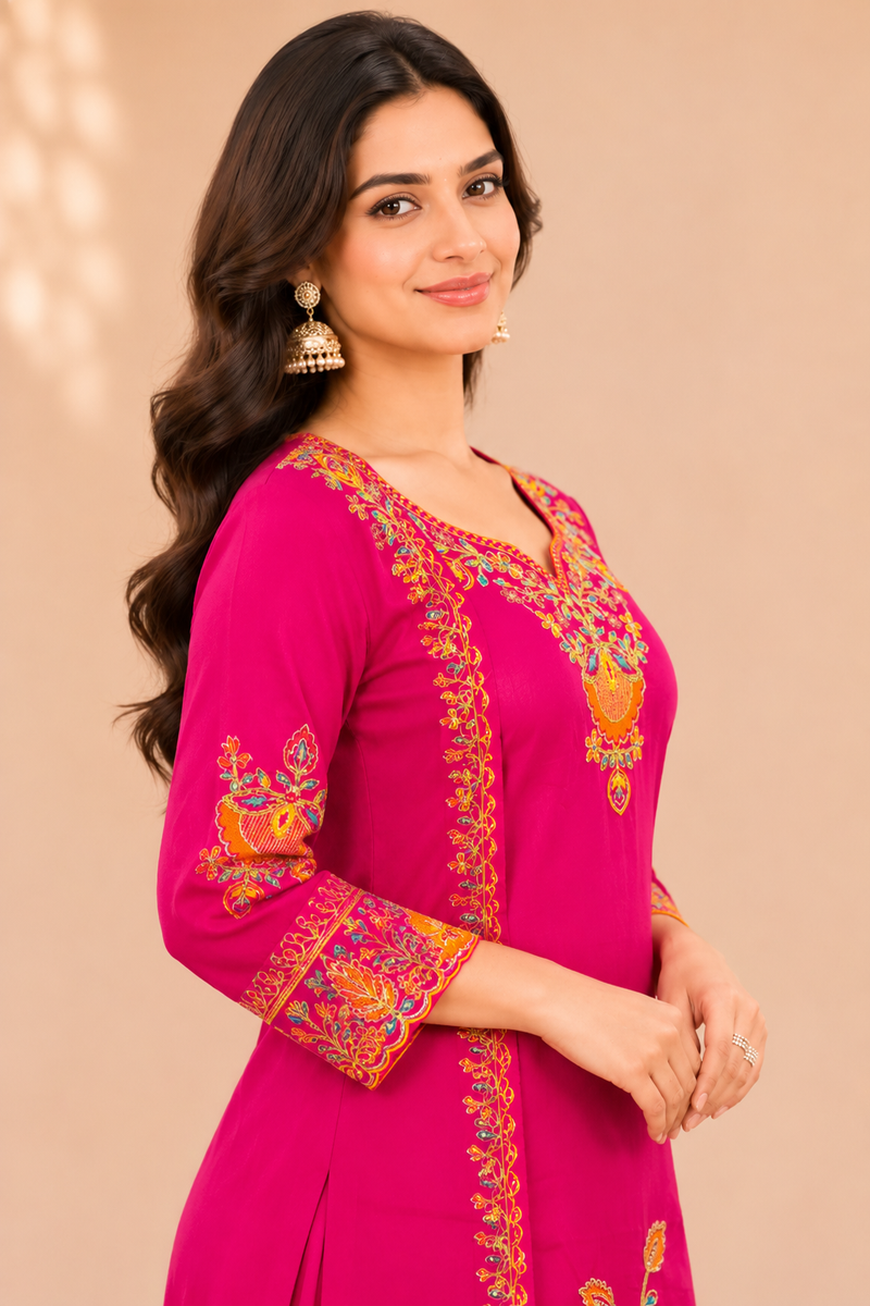 Women Floral Embroidered Regular Thread Work Kurta with Sharara & With Dupatta