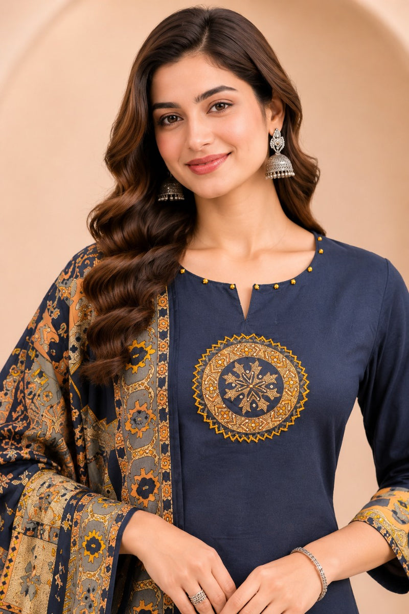 Women blue    Embroidered Kurta Set with Palazzo  & Matching Dupatta – Traditional Festive Ethnic Wear