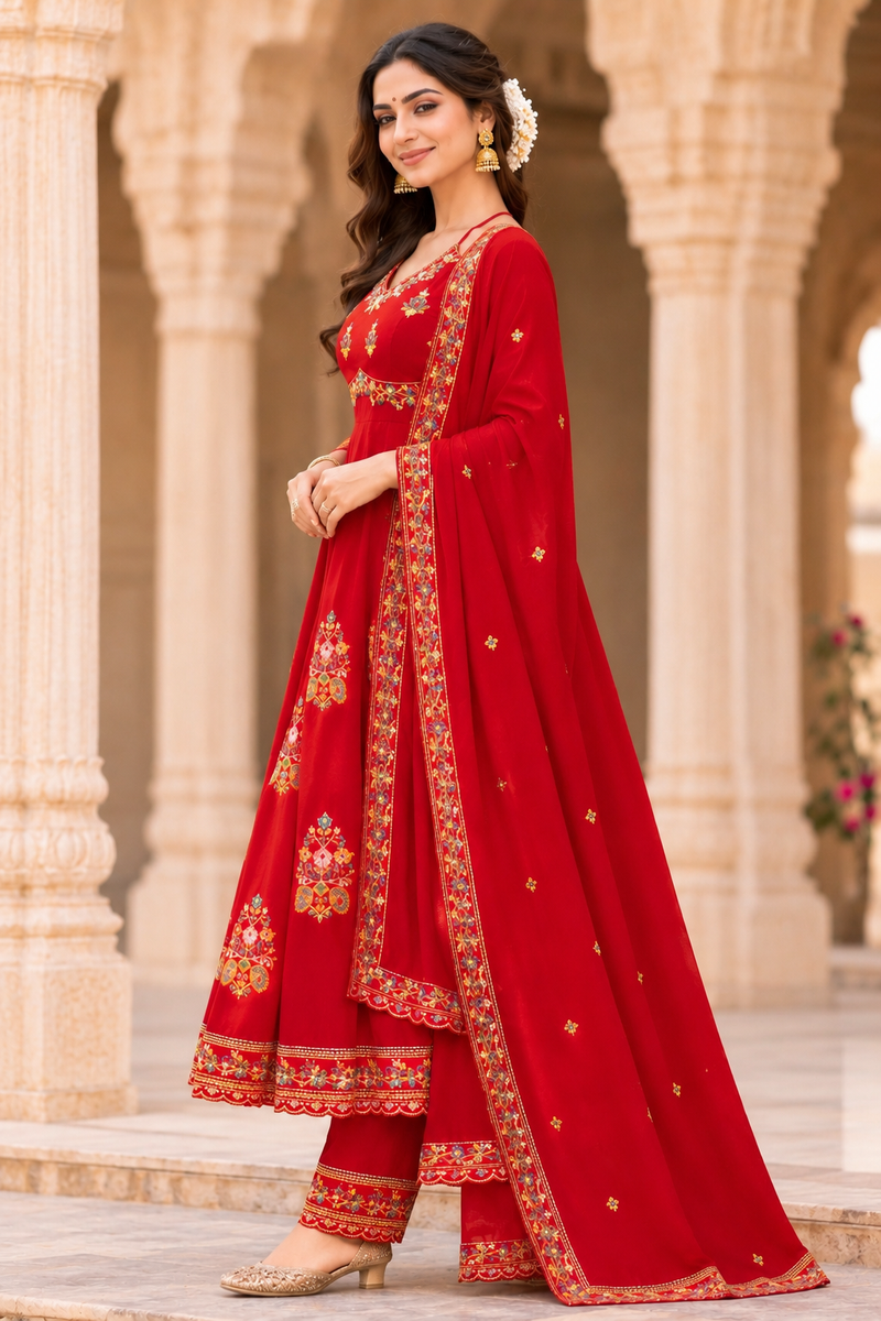 Women red   Embroidered Kurta Set with Palazzo Pants & Matching Dupatta – Traditional Festive Ethnic Wear