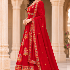 Women red   Embroidered Kurta Set with Palazzo Pants & Matching Dupatta – Traditional Festive Ethnic Wear