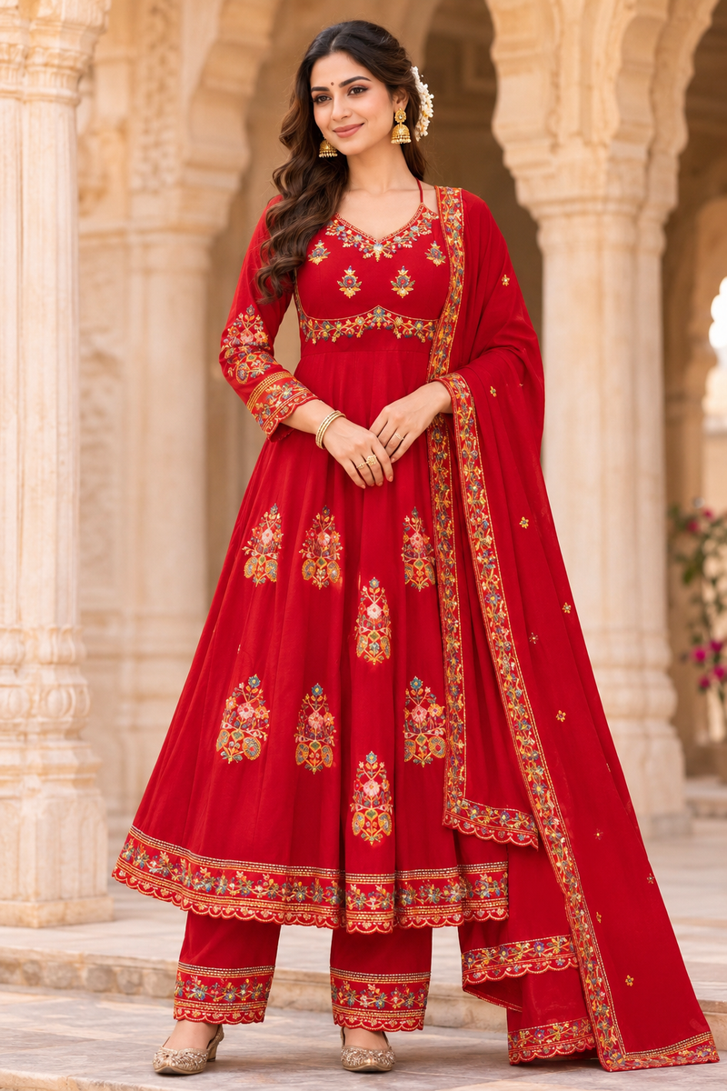 Women red   Embroidered Kurta Set with Palazzo Pants & Matching Dupatta – Traditional Festive Ethnic Wear