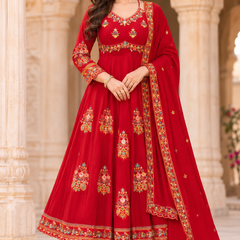 Women red   Embroidered Kurta Set with Palazzo Pants & Matching Dupatta – Traditional Festive Ethnic Wear