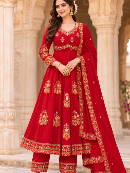 Women red   Embroidered Kurta Set with Palazzo Pants & Matching Dupatta – Traditional Festive Ethnic Wear