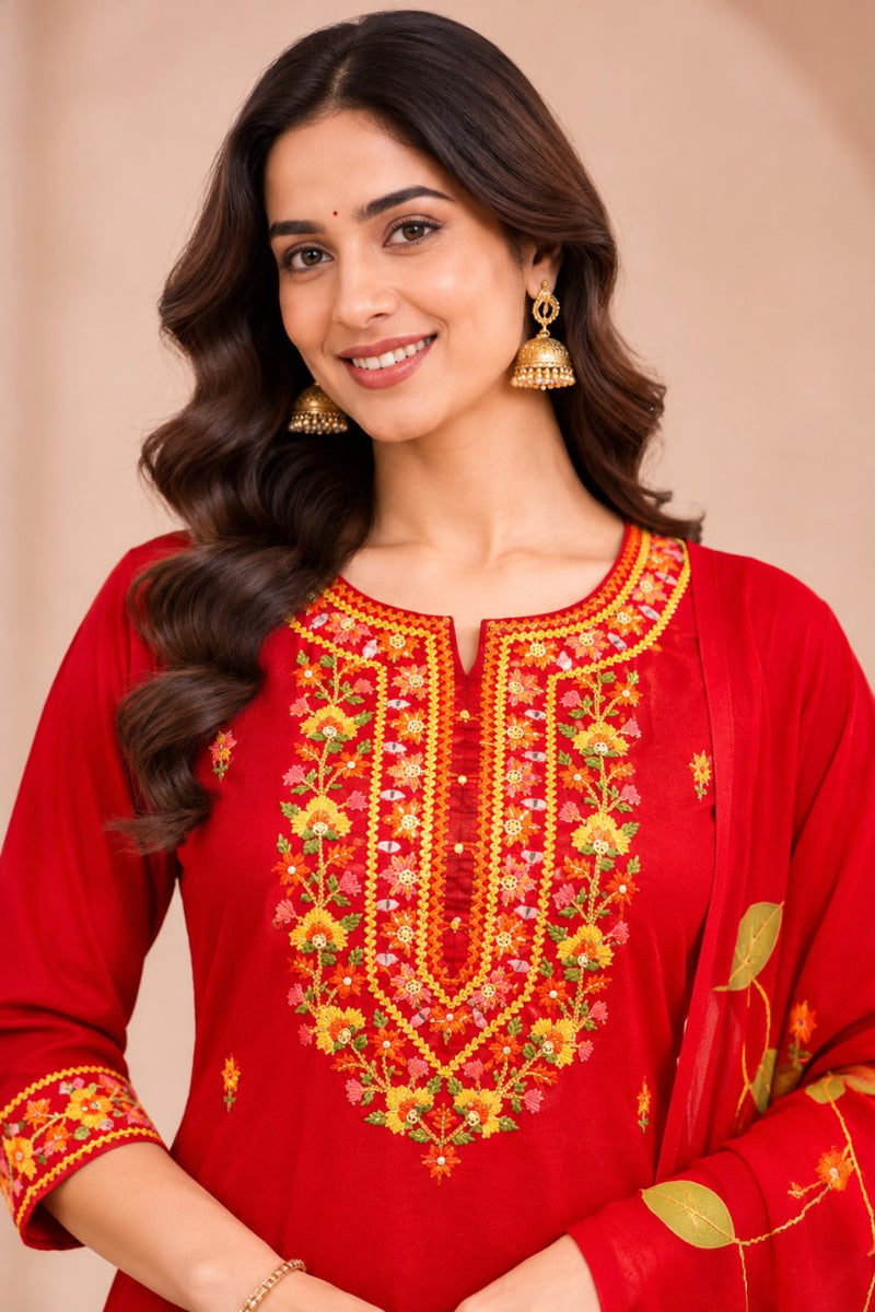 Women red   Embroidered Kurta Set with Palazzo  & Matching Dupatta – Traditional Festive Ethnic Wear