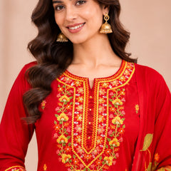 Women red   Embroidered Kurta Set with Palazzo  & Matching Dupatta – Traditional Festive Ethnic Wear