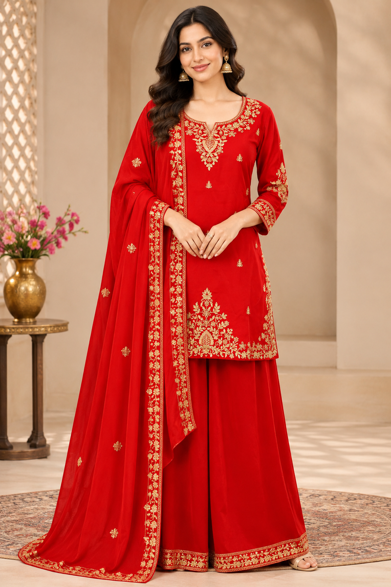 Women Red Color Ethnic Motifs Embroidered Regular Kurta with Palazzos & With Dupatta