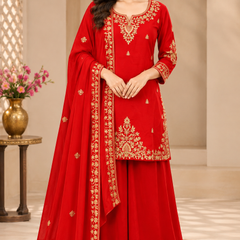 Women Red Color Ethnic Motifs Embroidered Regular Kurta with Palazzos & With Dupatta