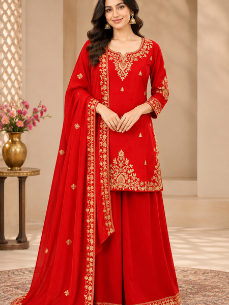 Women Red Color Ethnic Motifs Embroidered Regular Kurta with Palazzos & With Dupatta