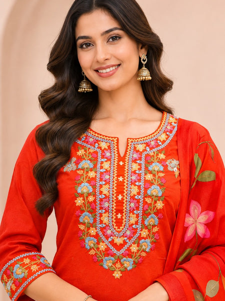 Women orange   Embroidered Kurta Set with Palazzo  & Matching Dupatta – Traditional Festive Ethnic Wear
