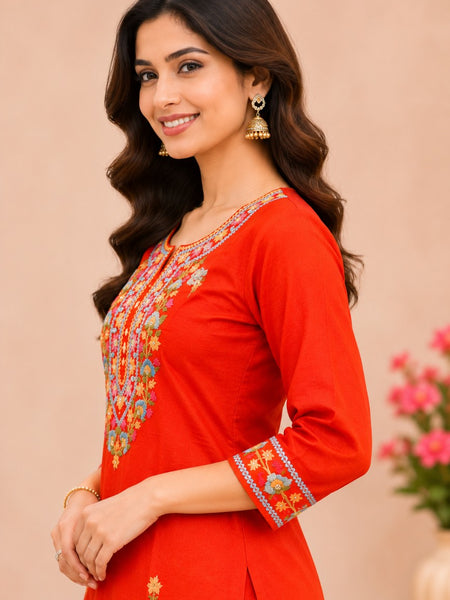 Women orange   Embroidered Kurta Set with Palazzo  & Matching Dupatta – Traditional Festive Ethnic Wear