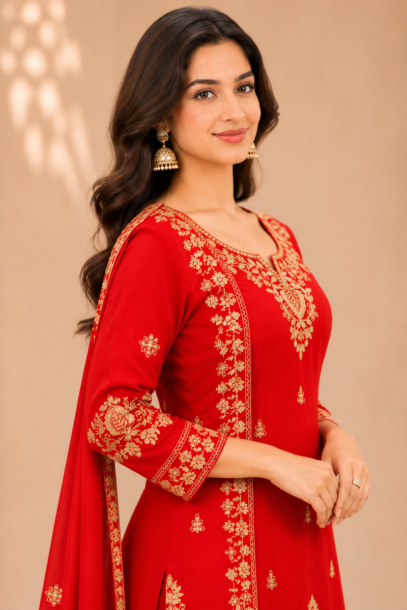 Women Red Color Ethnic Motifs Embroidered Regular Kurta with Palazzos & With Dupatta