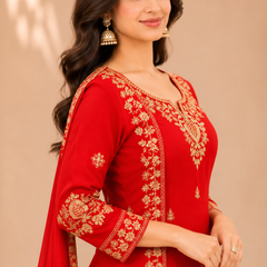 Women Red Color Ethnic Motifs Embroidered Regular Kurta with Palazzos & With Dupatta