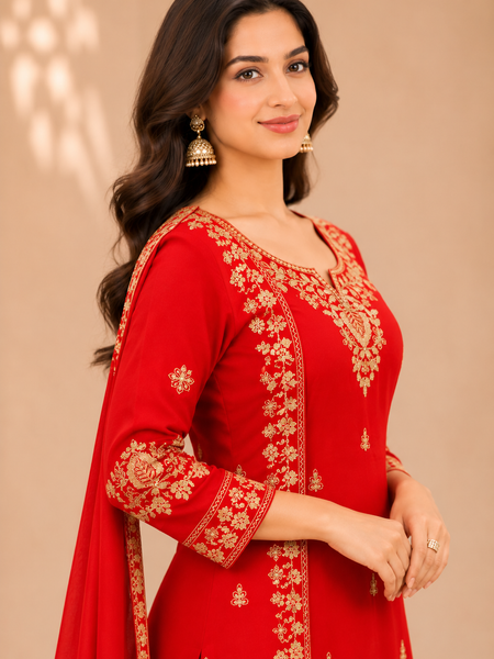 Women Red Color Ethnic Motifs Embroidered Regular Kurta with Palazzos & With Dupatta