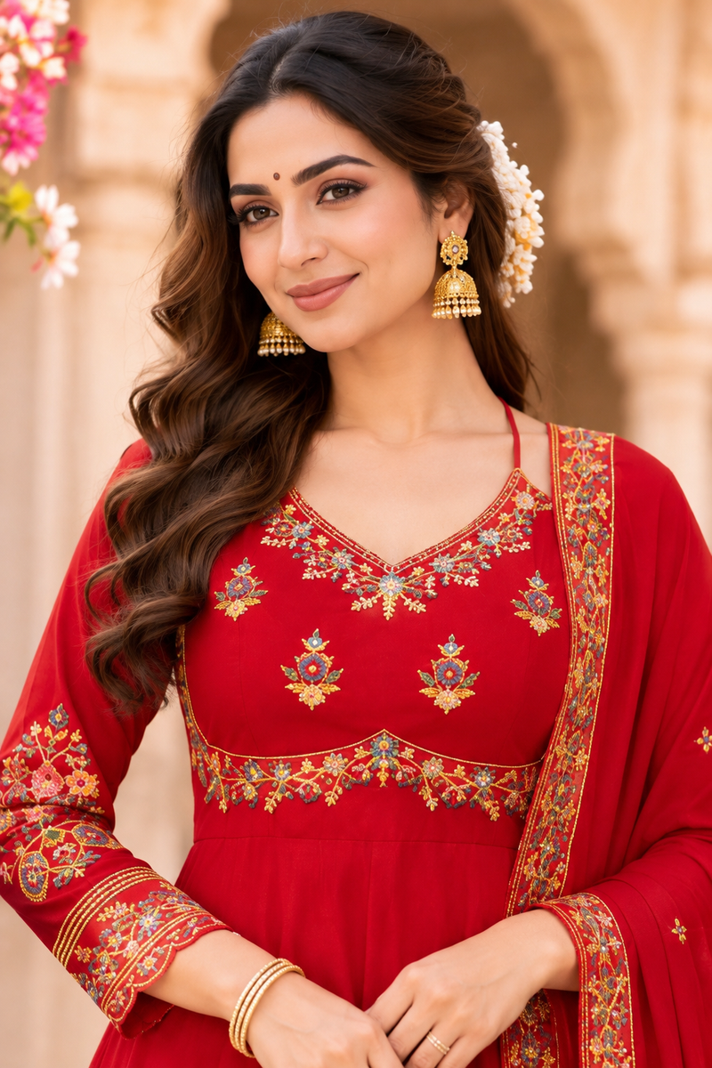 Women red   Embroidered Kurta Set with Palazzo Pants & Matching Dupatta – Traditional Festive Ethnic Wear