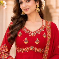 Women red   Embroidered Kurta Set with Palazzo Pants & Matching Dupatta – Traditional Festive Ethnic Wear