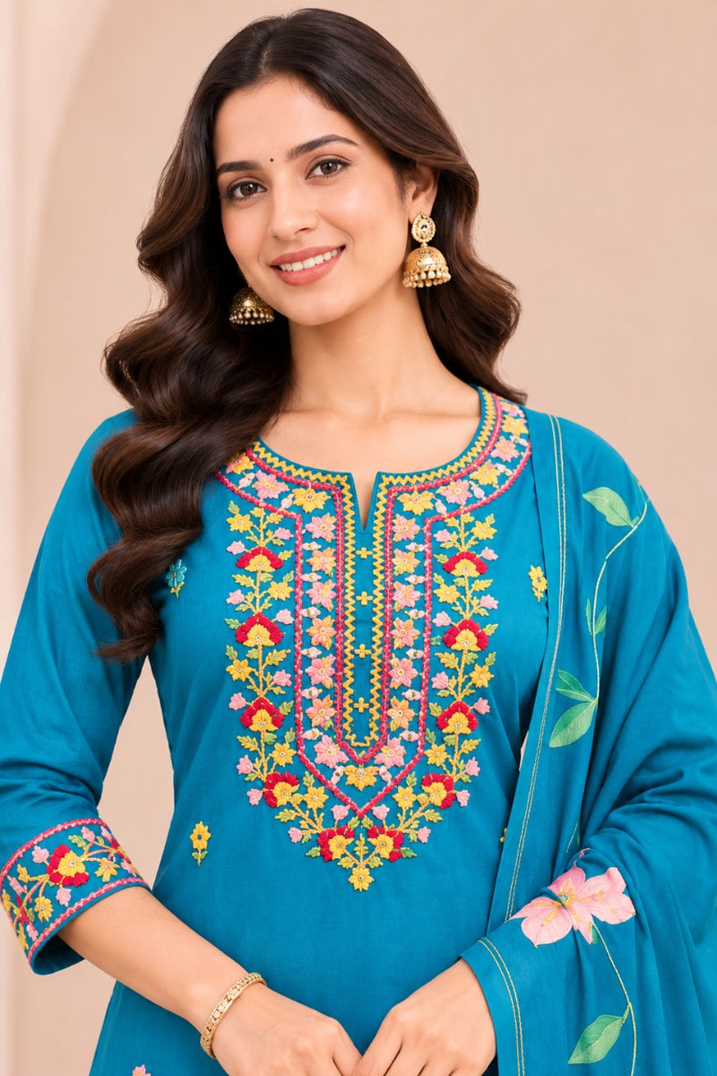 Women turqouise blue    Embroidered Kurta Set with Palazzo  & Matching Dupatta – Traditional Festive Ethnic Wear
