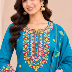 Women turqouise blue    Embroidered Kurta Set with Palazzo  & Matching Dupatta – Traditional Festive Ethnic Wear