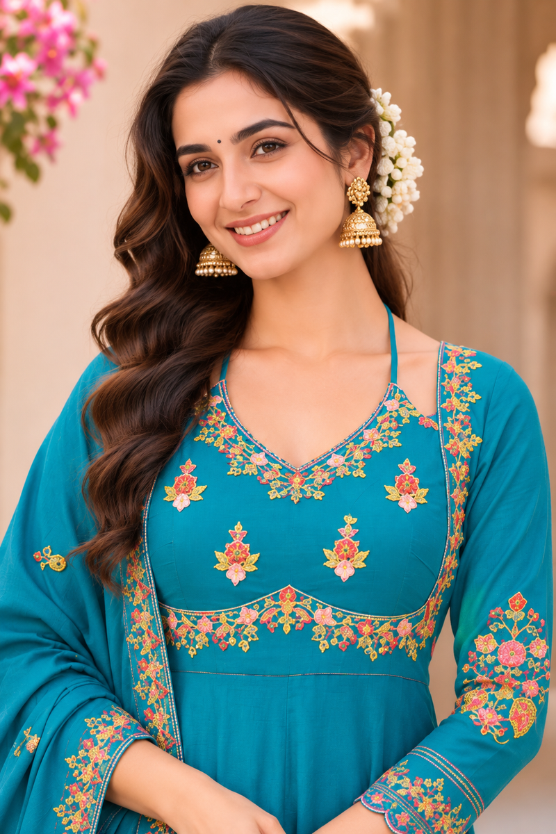 Women turquoise blue   Embroidered Kurta Set with Palazzo Pants & Matching Dupatta – Traditional Festive Ethnic Wear