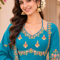 Women turquoise blue   Embroidered Kurta Set with Palazzo Pants & Matching Dupatta – Traditional Festive Ethnic Wear