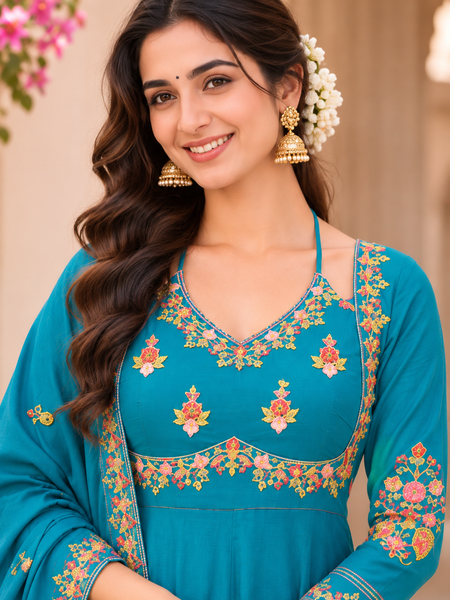 Women turquoise blue   Embroidered Kurta Set with Palazzo Pants & Matching Dupatta – Traditional Festive Ethnic Wear