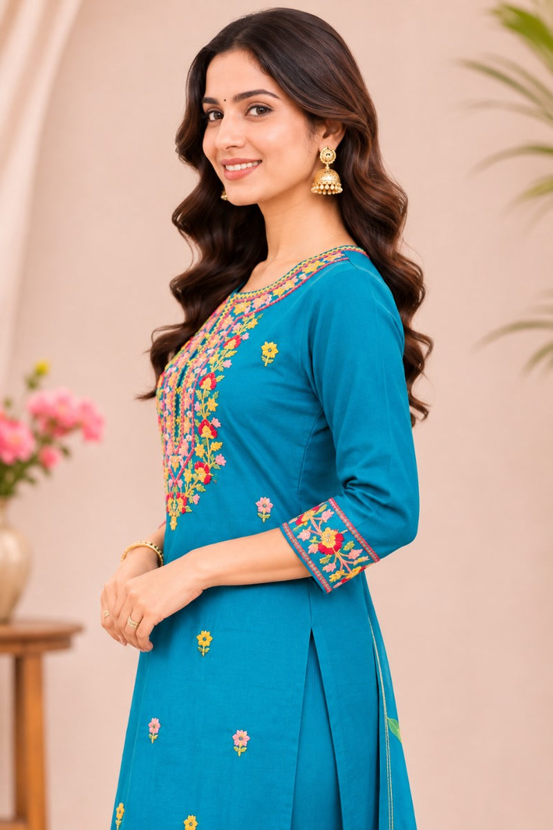 Women turqouise blue    Embroidered Kurta Set with Palazzo  & Matching Dupatta – Traditional Festive Ethnic Wear