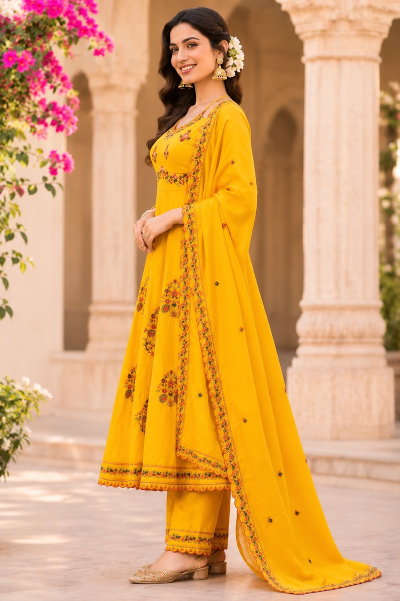 Women yellow    Embroidered Kurta Set with Palazzo Pants & Matching Dupatta – Traditional Festive Ethnic Wear