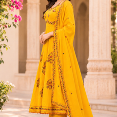 Women yellow    Embroidered Kurta Set with Palazzo Pants & Matching Dupatta – Traditional Festive Ethnic Wear