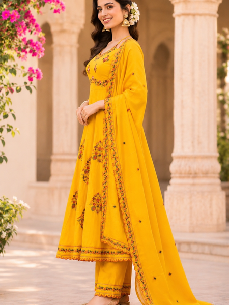 Women yellow    Embroidered Kurta Set with Palazzo Pants & Matching Dupatta – Traditional Festive Ethnic Wear