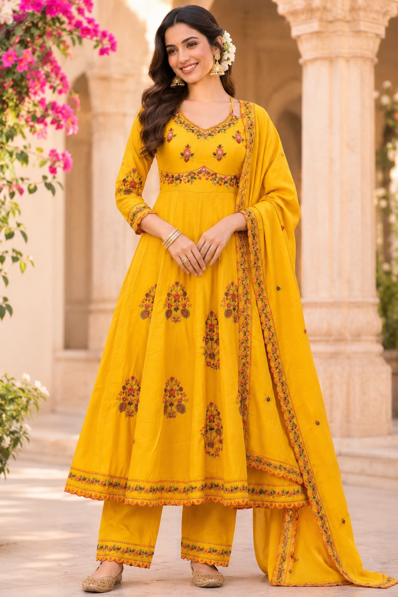 Women yellow    Embroidered Kurta Set with Palazzo Pants & Matching Dupatta – Traditional Festive Ethnic Wear